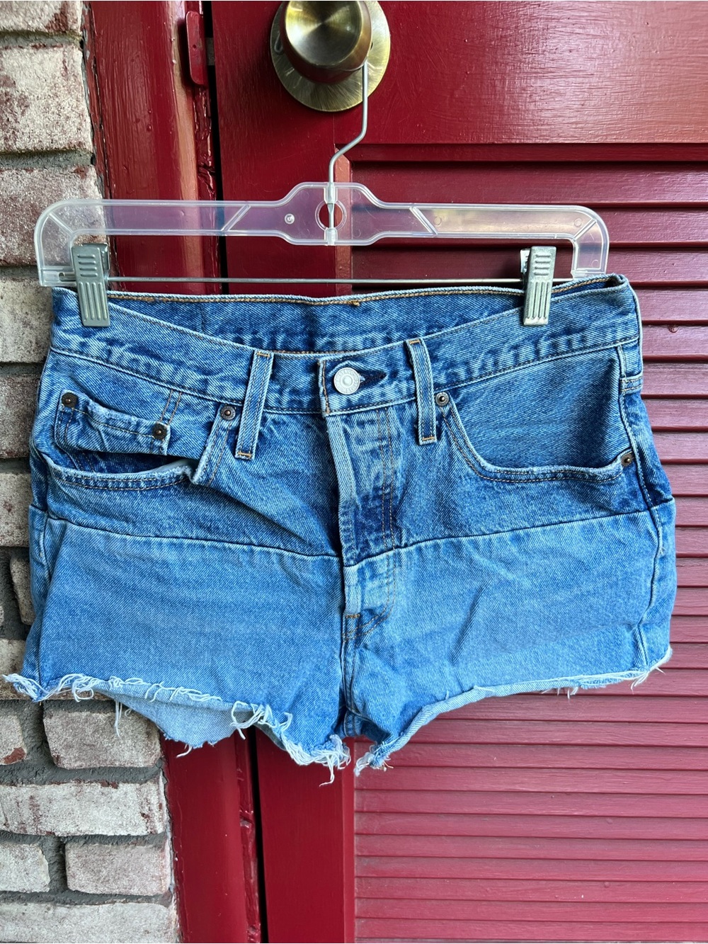 Levi’s 501 High Rise Pieced 150th Anniversary Frayed Hem Jean Shorts Size 28 - Picture 6 of 12